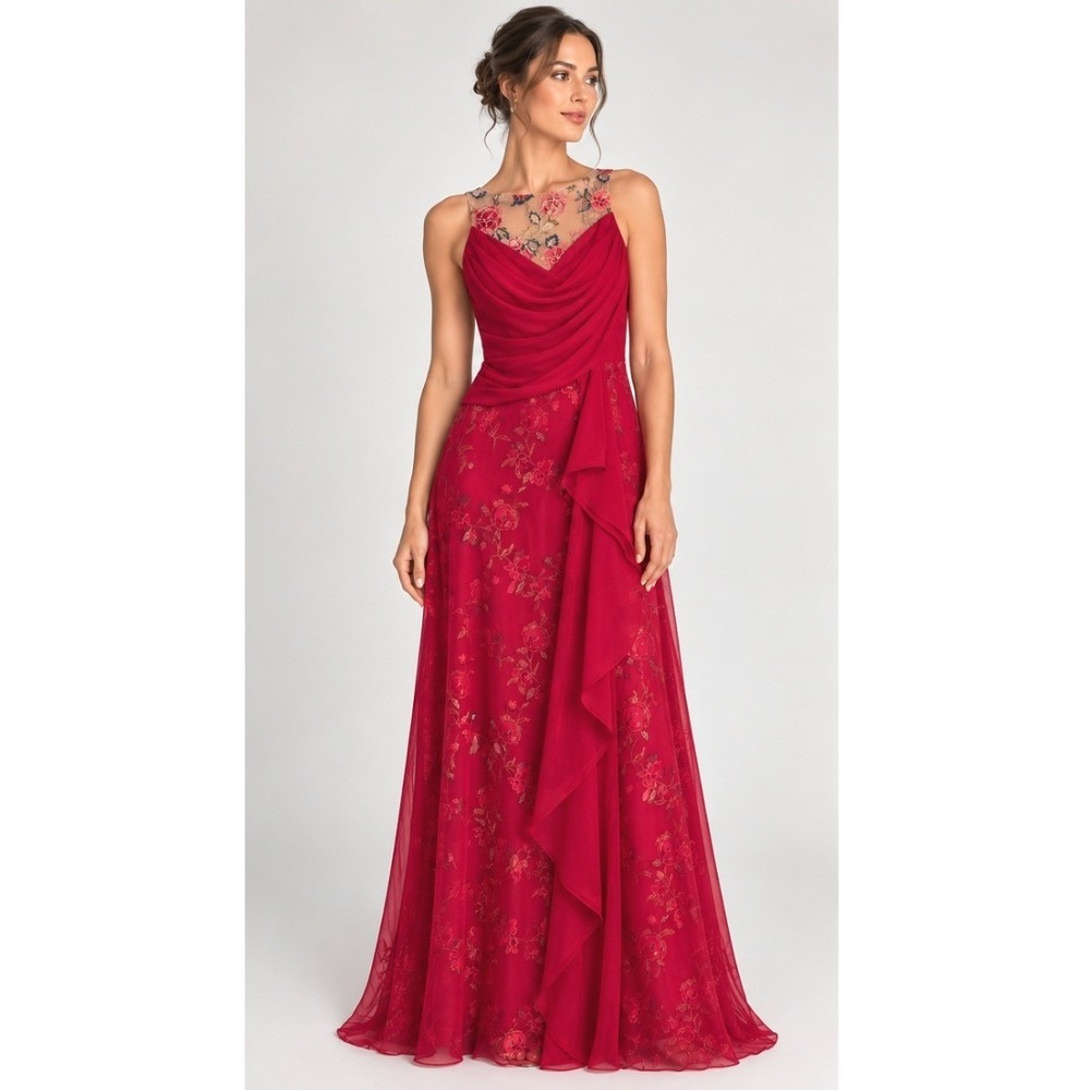 Marchesa Notte Size 0 Red 100% Silk Floral Embroidered Illusion Formal Gown NWT